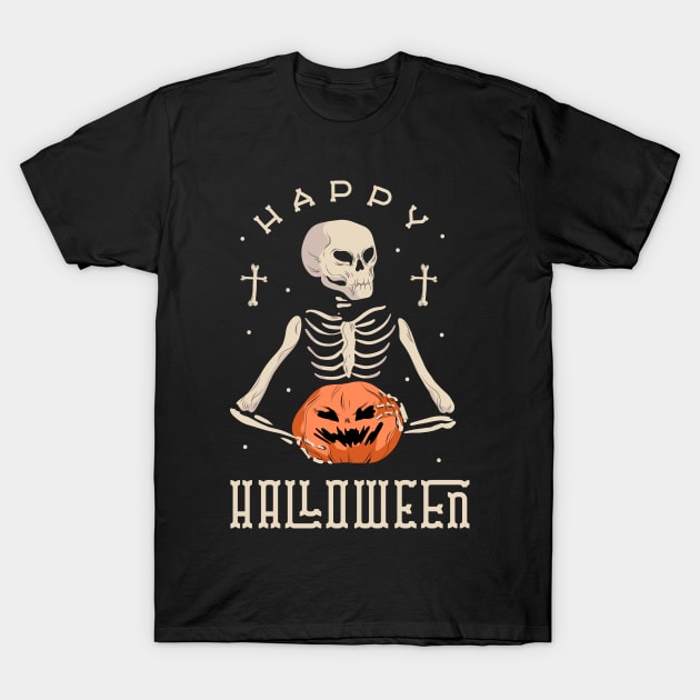 Happy Halloween Skeleton With Jack O' Lantern T-Shirt by M n' Emz Studio